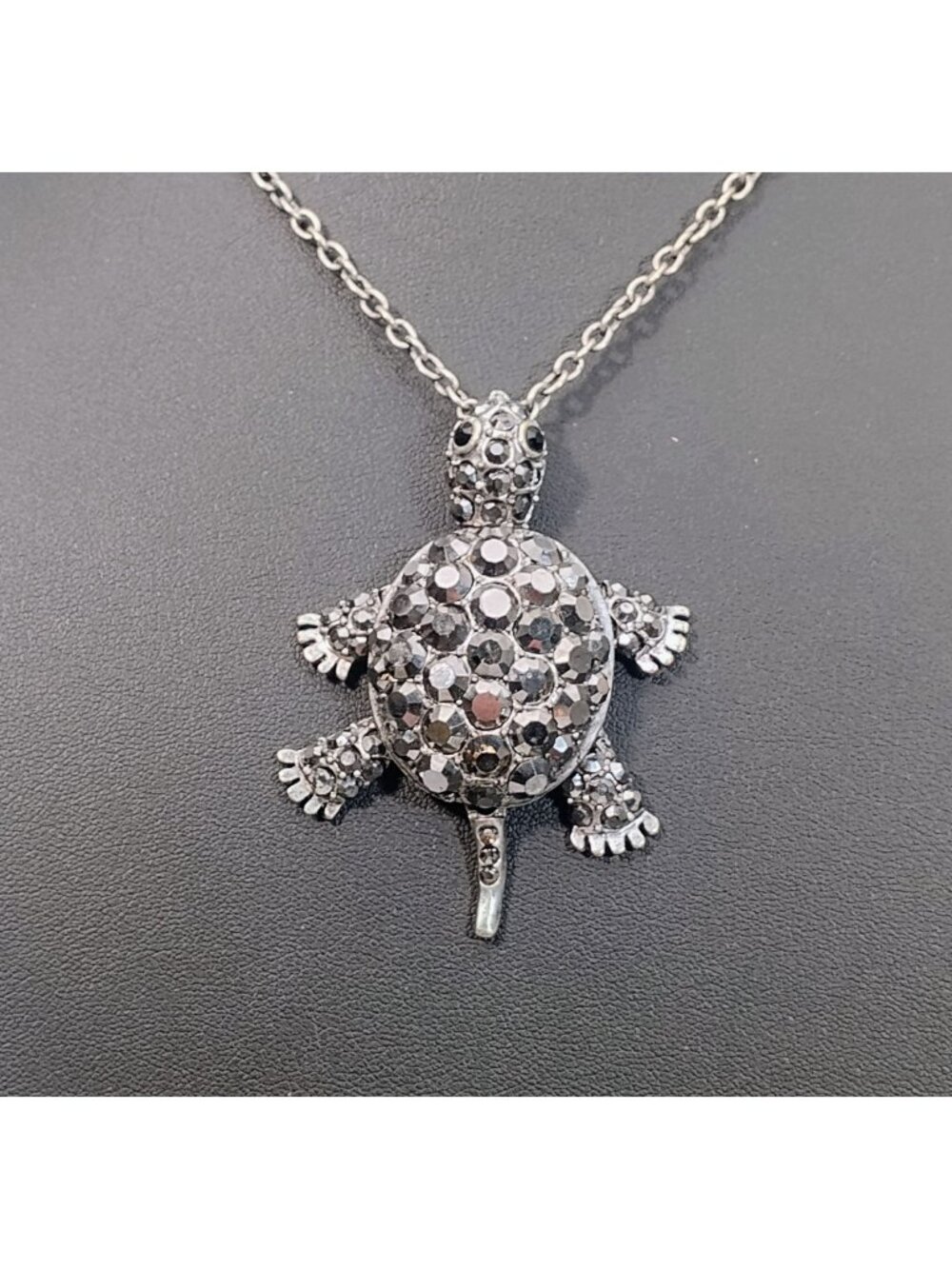 Articulated Moving Head Legs Tail Turtle Pendant Necklace Marcasite Silver Tone